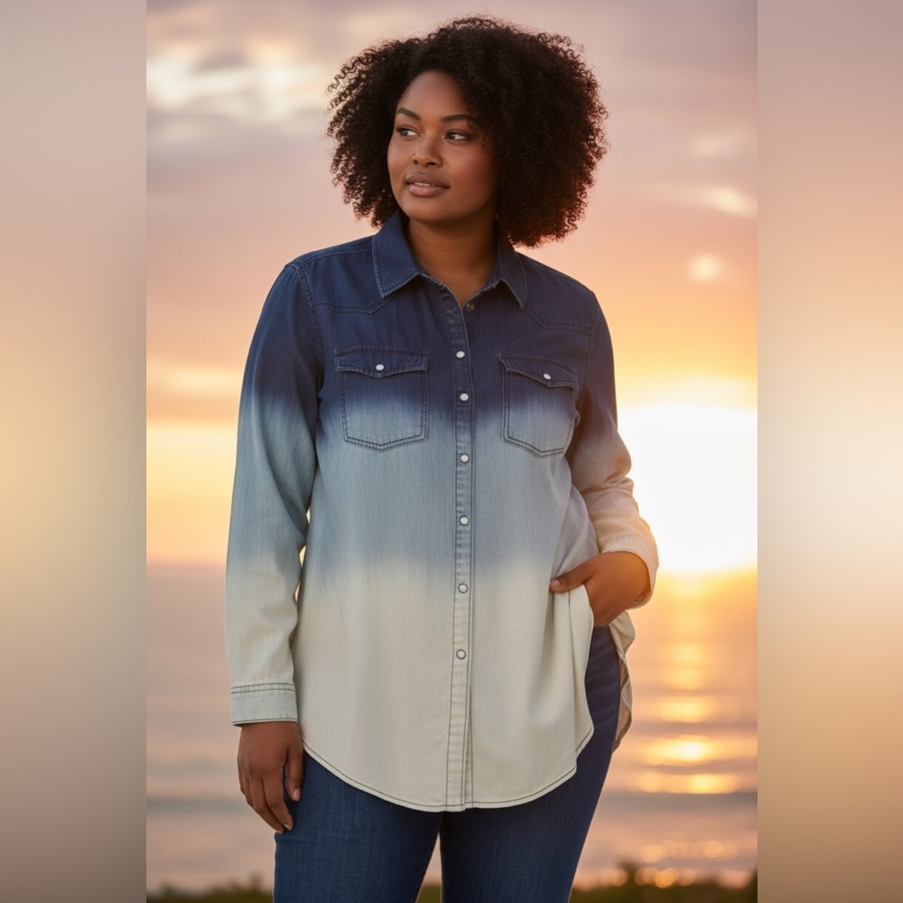Riley + James Women's Blue Hombre Pearl Snap Western Tunic Top 18/20W‎